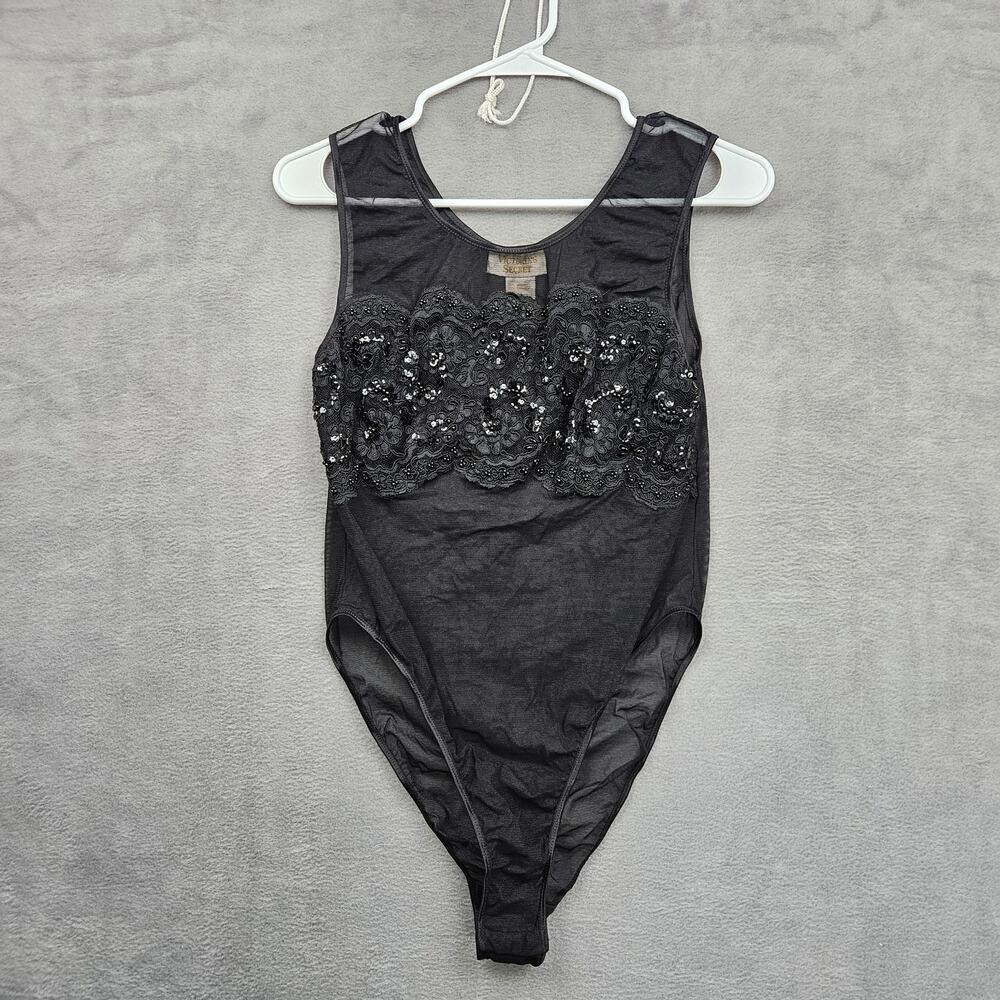 Vintage‎ Victorias Secret Gold label Sheer Black Lace Sequin Whimysgoth Bodysuit